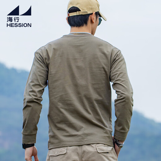 Haixing Outdoor 300g heavyweight men's pure cotton long-sleeved Henley shirt 2025 autumn new casual inner layering shirt T-shirt taupe gray green M