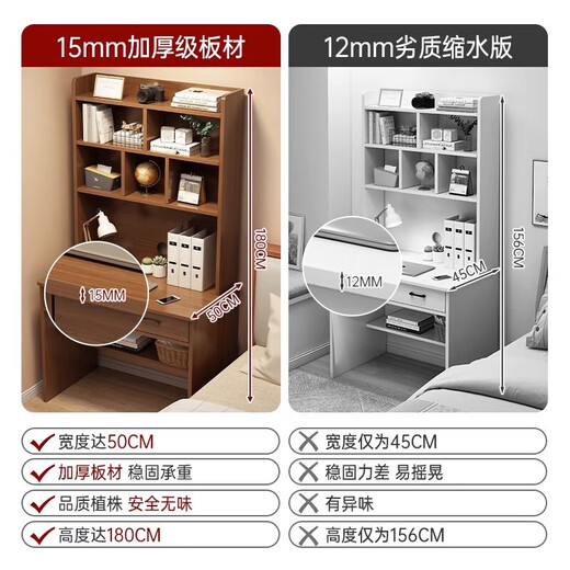 Desk bookshelf integrated table home desk middle school and high school students study table solid wood core computer table bedroom desk three-layer bookshelf-high density board | hazy walnut 80CM