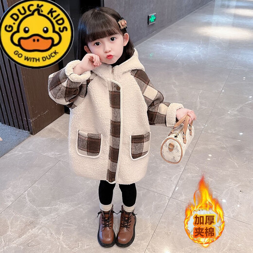 G.DUCKKIDS女宝宝毛呢外套秋冬款2025新款洋气儿童装加厚大衣女童冬装中长款 卡其色加厚夹棉 100适合身高90-100cm年龄3-4周岁