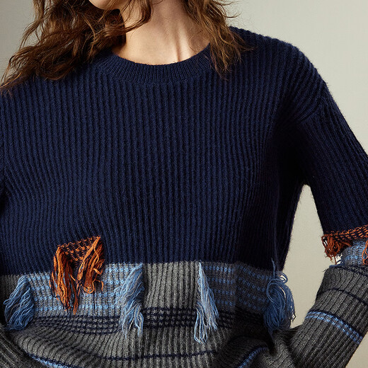 Chuyu Sweater Women's 2025 Winter New Loose Retro Nomadic Style Tassel Contrast Color High Weight Arctic Velvet Top Navy Blue L