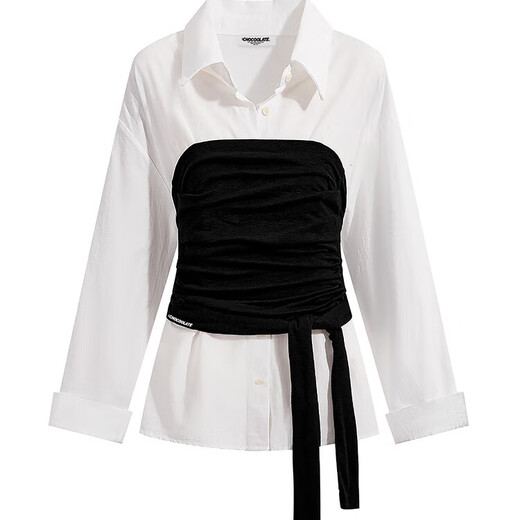CHOCOOLATE it women's white long-sleeved shirt women's layered fake two-piece women's autumn and winter new high-end temperament waist suit black L