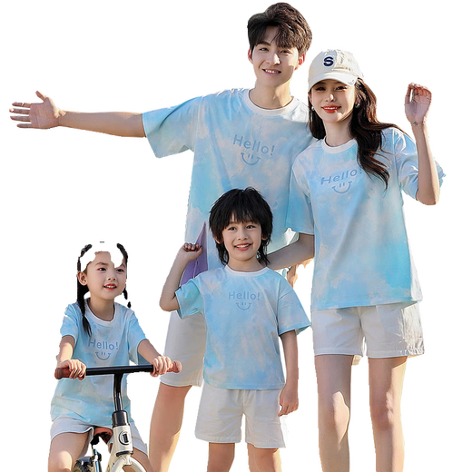 黯嗒嗒高端子装夏装2024新款一家三口四口母子母女套装童装短袖T 755扎染蓝色T恤 90 宝宝码(18-22斤)