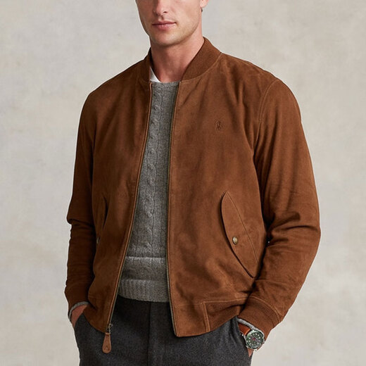 RALPH LAUREN Ralph Lauren SS22 однотонная кашемировая кожаная повседневная кожаная куртка на молнии с длинными рукавами для мужчин коричнево-коричневая M