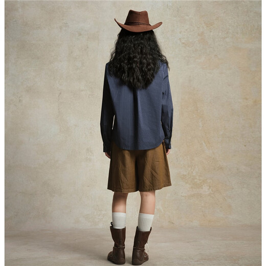 Giordano designer loose miu style college style lace stand collar plaid shirt women's long sleeve 18345614