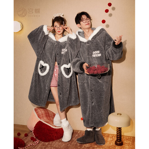 Gongdie thermal storage type autumn and winter couple pajamas for women, thickened coral velvet warm cartoon hooded home clothes for men