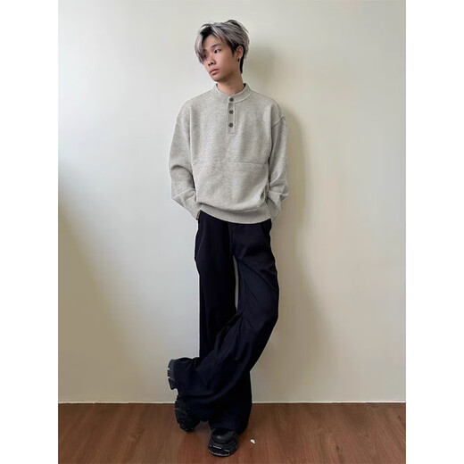 Shelley Jones Henry Collar Sweater Men's Autumn and Winter New Ins Lazy Style Loose Trendy Bottoming Top Gray L Recommended 110-125 Jin Jin equals 0.5 kg