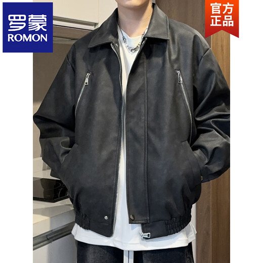 ROMON American retro loose leather jacket for men 2026 spring and autumn PU leather jacket for men and women leather jacket for men matte black (cotton version) M