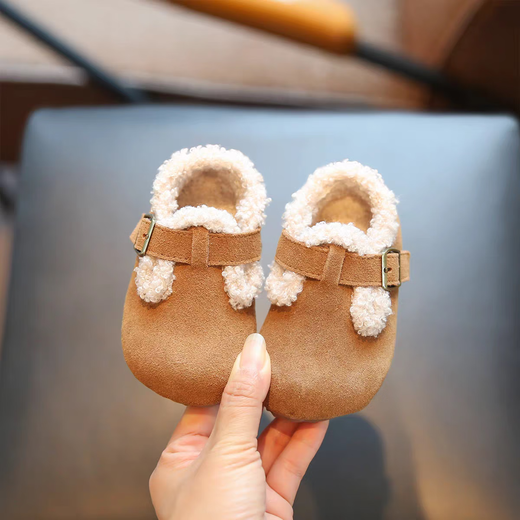 Jin Jin is equal to 0.5 kg. Mu boys and girls Birkenstock shoes, winter velvet cotton shoes, soft bottom baby toddler shoes, baby bean shoes, children's shoes, khaki color, size 24, inner length 15cm
