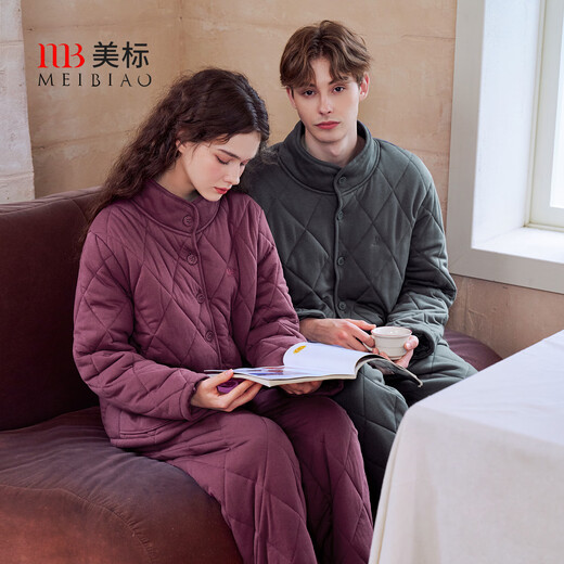 American Standard Three-layer Thickened Cotton Couple Pajamas Set Women's Autumn and Winter Full Cotton Can Be Weared Outside to Keep Warm New Year's Home Clothing for Men Dark Gray (Three-Layer Thickened Cotton) XL