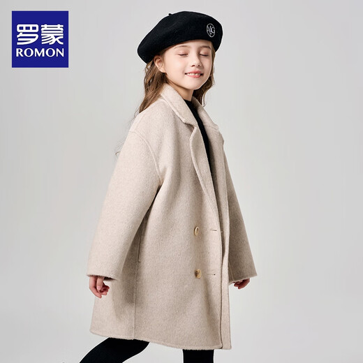Luo Meng girls double-sided wool coat autumn and winter style children's style mid-length thick woolen coat milk tea white 130