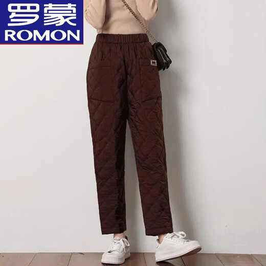 ROMON thickened large/size down cotton pants for women 2024 autumn and winter outer wear high-waisted loose casual straight pants warm cotton pants KG 4789# Brown XL 115-130Jin Jin equals 0.5 kg