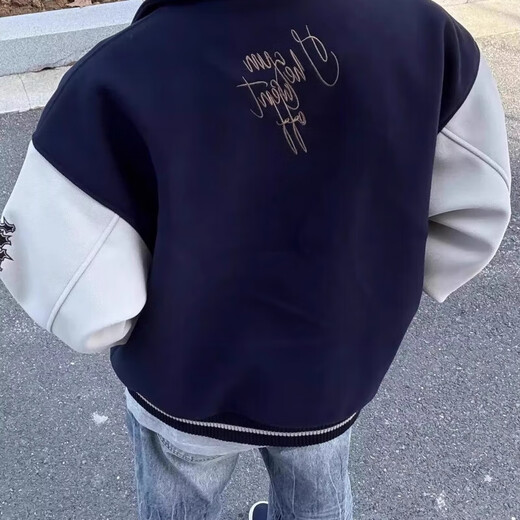 American high street woolen embroidered splicing jacket baseball uniform for men and women autumn new design hip-hop handsome jacket navy blue regular high quality L recommended 110-130Jin Jin equals 0.5 kg