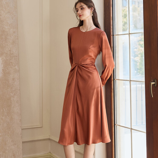 ROEYSHOUSE ROYSHOUSE premium caramel color pleated dress spring new elegant satin waist-closing large hem skirt 10971 caramel color 2XL