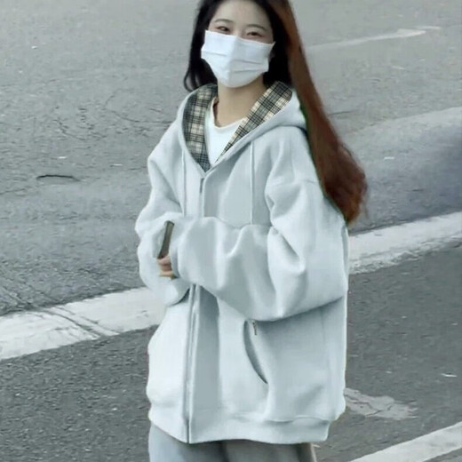 Fake two-piece hooded cardigan jacket for women autumn 2025 winter Korean style velvet loose large size student versatile sweatshirt for women light blue winter velvet (double layer fabric 400g) M recommended 95-110Jin Jin is equal to 0.5 kg