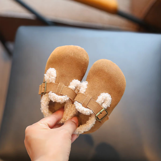 Jin Jin is equal to 0.5 kg. Mu boys and girls Birkenstock shoes, winter velvet cotton shoes, soft bottom baby toddler shoes, baby bean shoes, children's shoes, khaki color, size 24, inner length 15cm
