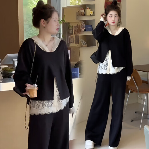 Fantan fat mm three-piece set spring and autumn plus size women's loose belly-covering sweatshirt lace top wide-leg pants suit for women black top + lace bottoming + casual pants (three-piece set) 3XL - recommended 160-190Jin Jin is equal to 0.5 kg