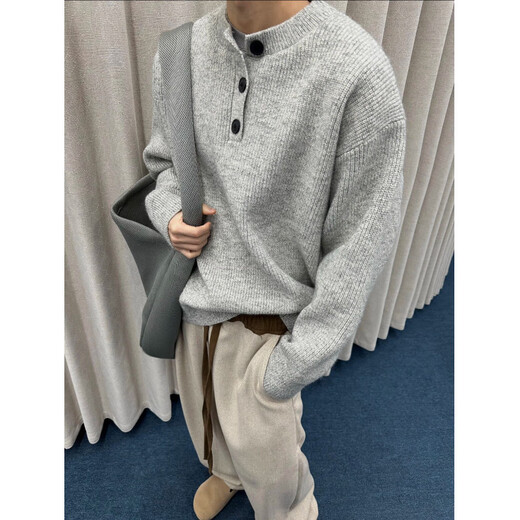 Muwei American retro Henry collar knitted sweater men's autumn cleanfit lazy style high-end woolen jacket Gray XL recommended 125-140Jin Jin equals 0.5 kg