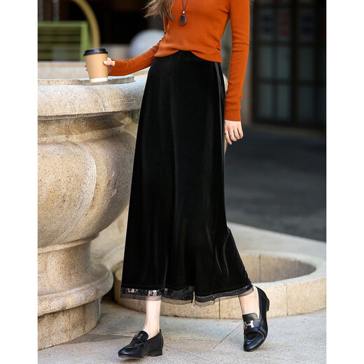 Demana Velvet Whisper Autumn Glossy Sequin Stitching Straight Tibetan Flesh Elastic Waist Small Women's Skirt