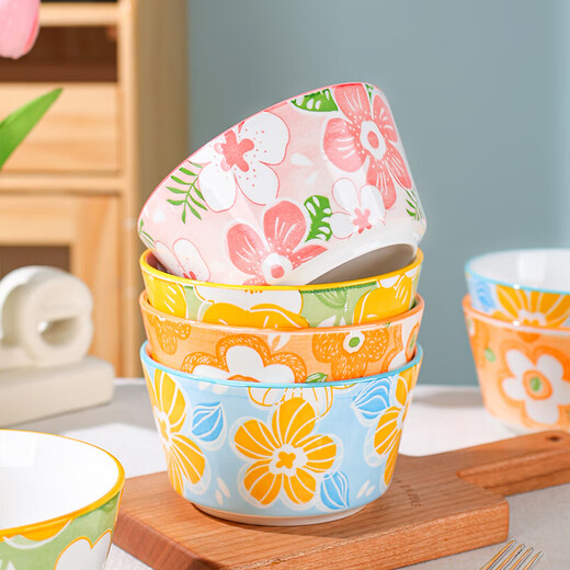 Ceramic bowl with underglaze color, high appearance, household bowl, 4.7-inch rice bowl, cutlery bowl, one person, one person, 4.7-inch flower rice bowl, 4-pack