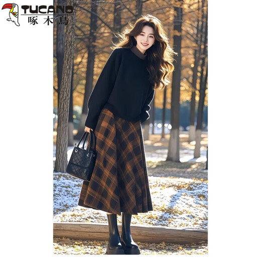 Woodpecker (TUCANO) enters winter with a complete set of 2025 new style ladies' contrasting color sweater plaid skirt age-reducing suit for women top + skirt XL recommended 120Jin Jin equals 0.5kg -145Jin Jin equals 0.5kg within