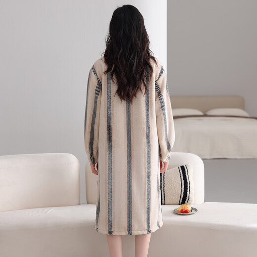 LangSha couple pajamas for one man and one woman in winter flannel plus velvet warm mid-length buttoned nightgown bathrobe home wear winter female 25091 almond + male 25191 mist gray M female + L male