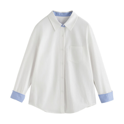 Chuyu pure cotton long-sleeved shirt for women 2025 autumn new style stitching plaid design niche shirt commuting top off-white L