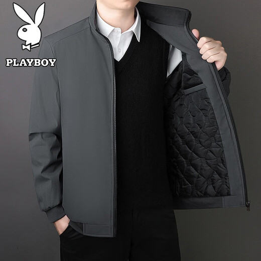 PLAYBOY Jacket Men's Autumn and Winter Large Size Men's Business Casual Windproof Stand Collar Jacket Black 2XL