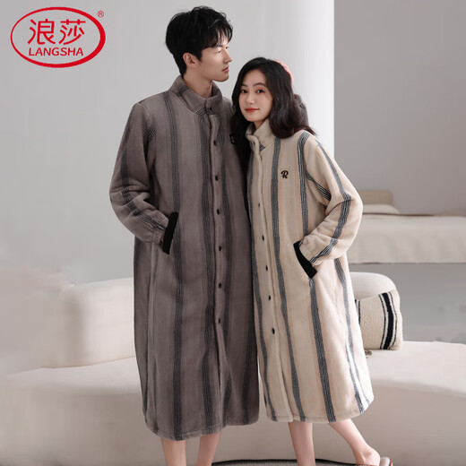 LangSha couple pajamas for one man and one woman in winter flannel plus velvet warm mid-length buttoned nightgown bathrobe home wear winter female 25091 almond + male 25191 mist gray M female + L male