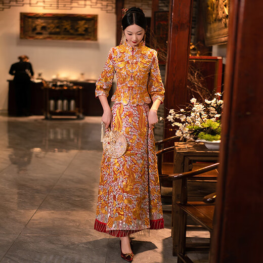 ROAR UTHAUG dragon and phoenix gown Xiuhe clothing 2025 new bride wedding high-end heavy industry Chinese wedding dress wedding dress toasting suit summer XH1376 exquisite no diamond style no headwear S