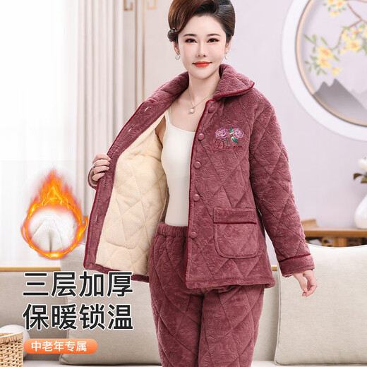 Langsha 2025 new pajamas for middle-aged and elderly women in winter, plus velvet and thickened three-layer quilted home clothes for the elderly, warm suits