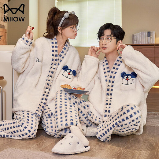 MiiOW couple pajamas autumn and winter style coral velvet V-neck cardigan for men and women thickened velvet flannel home wear set female B6119 male B6120 M female