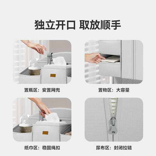 ABCMOKOO婴儿床挂收纳袋多功能尿布台置物收纳挂篮床边尿不湿挂袋 莫兰迪灰(魔法收纳 8大分区)
