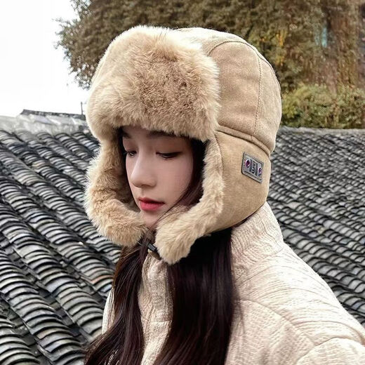 Winter hat for women cycling, cold protection and warmth artifact, windproof and ear protection for cycling, plus velvet and thickened Lei Feng hat, khaki color, one size fits all