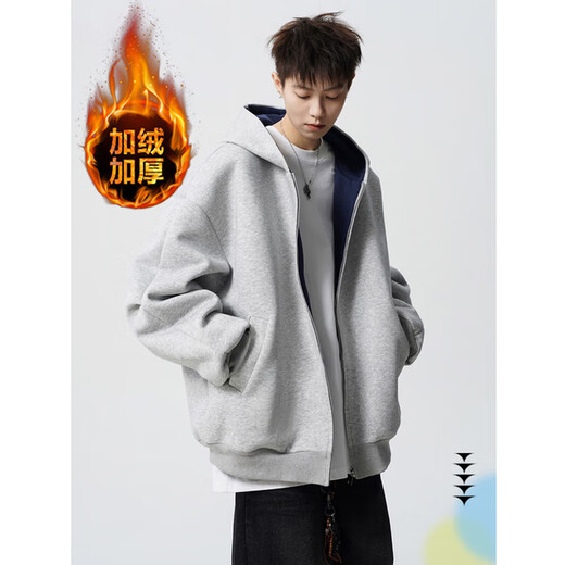 OEMG Heavy Fashion Brand Versatile Velvet Thickened Sweater Men's Spring Autumn and Winter American Couple Hoodie High Street Warm Jacket Velvet Gray High Quality XL Recommended 135-150Jin Jin equals 0.5 kg