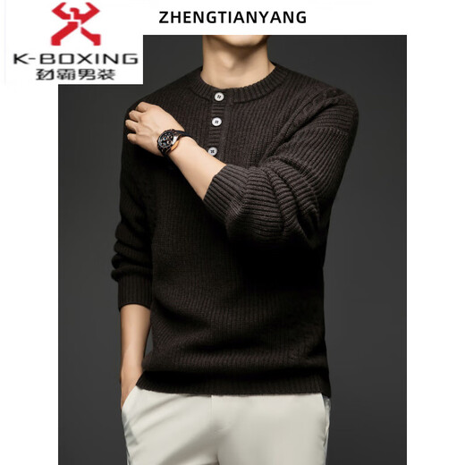 KBXNG Retro Thickened Pure Wool Sweater Men's Winter Henley Collar Wide Version Loose Twisted Thick Wool Warm Sweater Dark Brown S 165