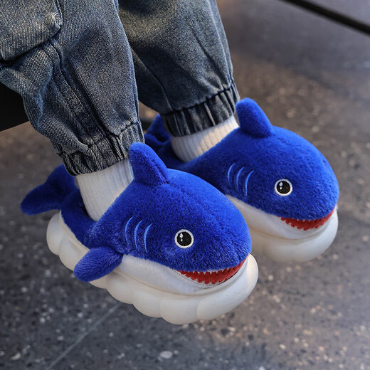 Winter children's cotton slippers, boy's shark bag heel, warm and furry, cute girl's home baby anti-slip cotton slippers, blue slippers 12, 28/29 size (shoe length 17CM, suitable for feet 16
