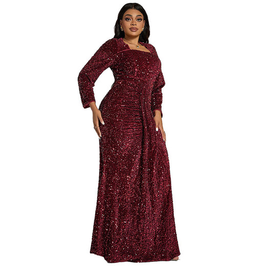 Party luxury evening dress European and American dress square collar sequin red banquet dress red 3XL