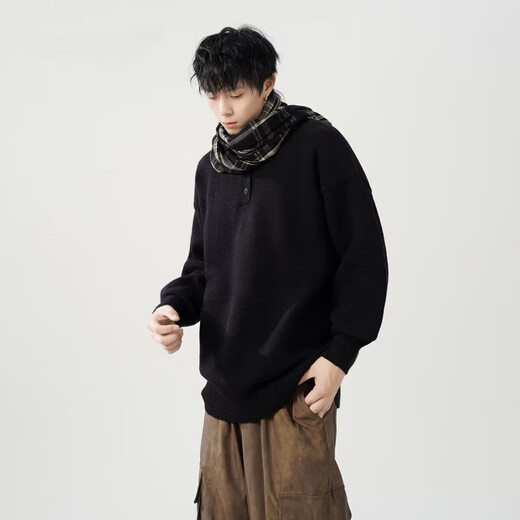 American retro Henry collar sweater for men and women, autumn trendy brand, loose off-shoulder casual sweater, lazy and versatile top, dark gray, regular, high quality, XL, recommended 125-140Jin Jin equals 0.5 kg