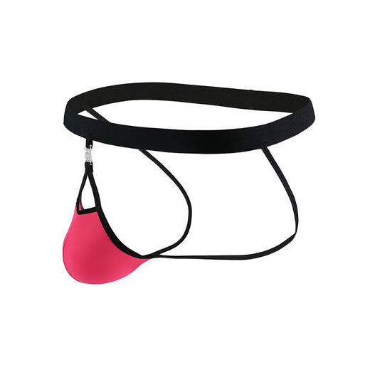 Men's ice silk thongs, silky, translucent, removable convex pouches, thin straps, highly elastic hip-revealing double thongs, sexy, black straps, rose red pouches, L waist 80-87cm