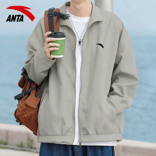 ANTA (ANTA) Velvet Jacket Men's 2025 Autumn and Winter Woven Windproof Warm Top Young Men's Cardigan Stand Collar Jacket Men's Velvet Stand Collar Style 7605-1 Floating Gray L /175 Suitable for 120-140 Jin Jin equals 0.5 kg