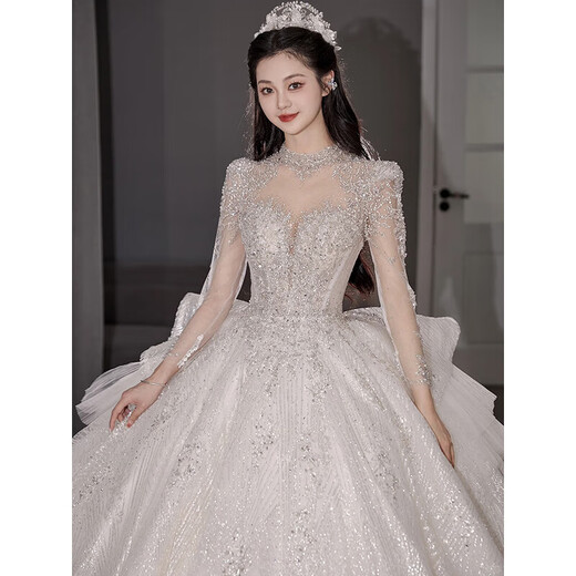 Flashing Girl (SHANDONGSHAONV) wedding dress bridal main yarn heavy industry high-definition tail new heavy industry French style going out main yarn texture large tail White floor-length style + random small M Weight 100Jin Jin is equal to about 0.5 kg