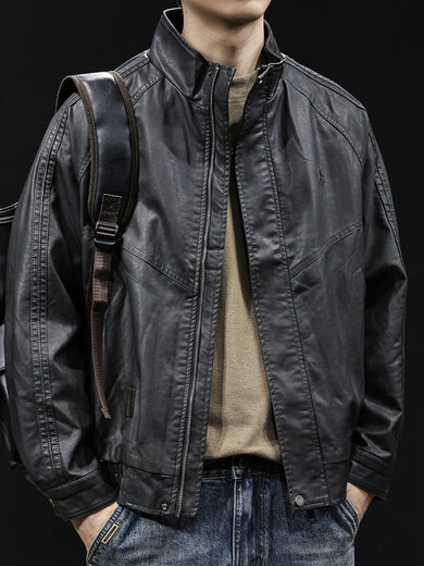 Luo Meng high-end motorcycle leather jacket men's spring and autumn 2025 new men's short PU clothes American fashion brand black gray regular style XL suitable for 140-160 Jin Jin equals 0.5 kg