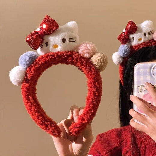 Songchuang Mengyu Cartoon Cat Hawaiian Cute Style Handmade KT Cat Headband Animals Playful and Cute Plush Ball Hair Accessory Hairpin Hello Kitty Headband