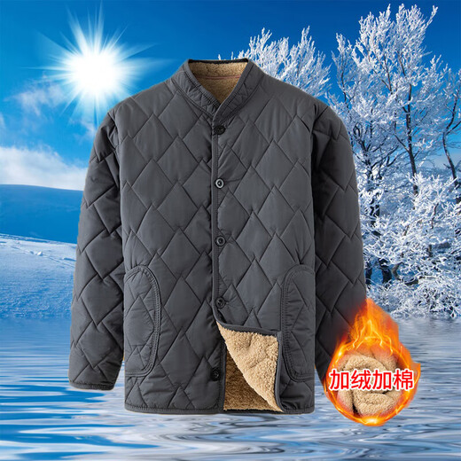 Thickened velvet men's cotton-padded jackets for middle-aged and elderly people in winter, dad's dirty-resistant outdoor jackets with inner liner, warm cotton-padded jackets, gray 2XL recommended 120-140Jin Jin equals 0.5kg