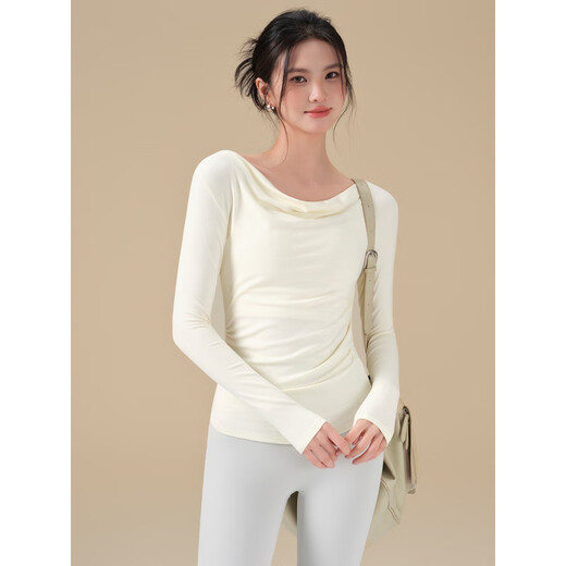 LULU CENTURY high-looking yoga wear top for women in autumn and winter with swing collar sports long-sleeved Pilates training fitness T-shirt beige straight shoulder swing collar / pleated waist S (recommended 80-95Jin Jin equals 0.5kg)