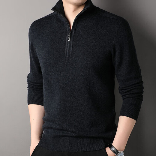 500g thickened 100% pure wool sweater men's zipper half turtleneck sweater new Puyuan sweater sweater top blue gray 3XL 190/125