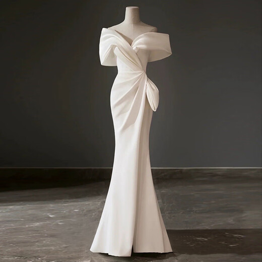 ACJK one-shoulder white evening dress 2025 new French light luxury niche high-end engagement fishtail skirt autumn beige M