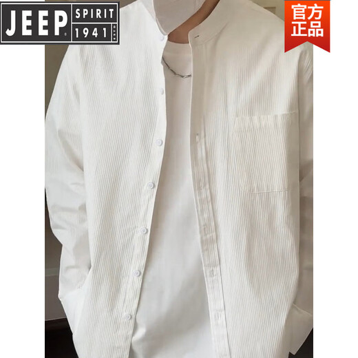 JEEP2025 Spring and Autumn Simple Henry Collar Casual Shirt Men's Fashion Old Money Style Loose Versatile Textured Long-Sleeved Top White M 100-130Jin Jin is equal to 0.5 kg