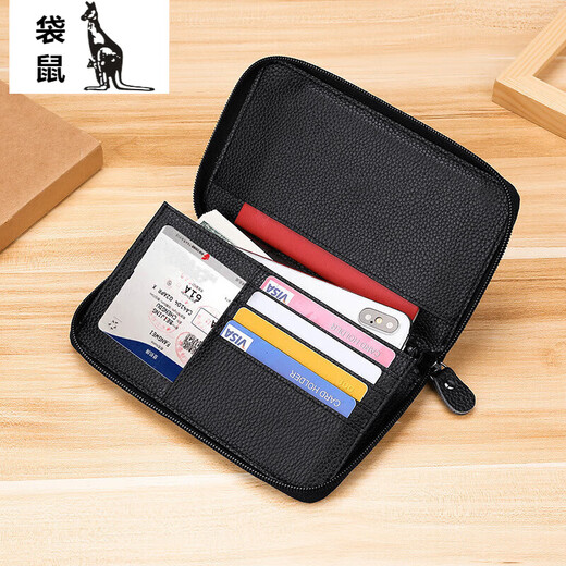 袋鼠（KANGAROO）护照包头层牛皮出国旅游钱包rfid护照本防盗刷卡位证件包 黑色