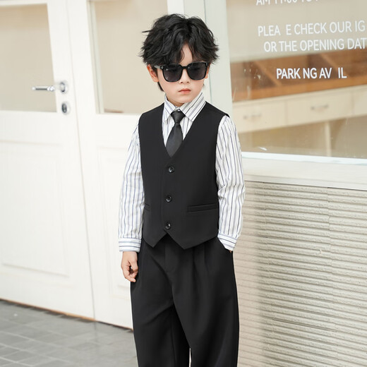 萝卜呗呗儿童西装男童秋季礼服男孩花童主持西服走秀服 黑色四件套 120